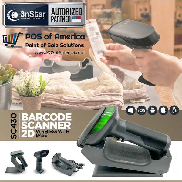 3nStar Wireless 2.4Ghz. BT/Radio Handheld Barcode Scanner 2D with USB Base SC430 - POS OF AMERICA