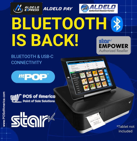 Star Micronics mPOP® for Aldelo Express Multifunction System Black Integrated Printer & Cash Drawer, USB-C, Bluetooth (MFi), Lightning, Universal Tablet Stand, Int PS - POS OF AMERICA