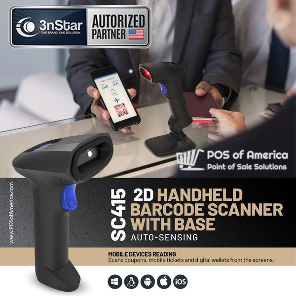 3nStar 2D Handheld Barcode Scanner  with Base and Auto-Sensing SC415 - POS OF AMERICA