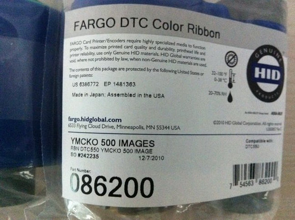 086200	HID, FARGO DTC550 RIBBON, YMCKO, 500 IMAGES. - POS OF AMERICA