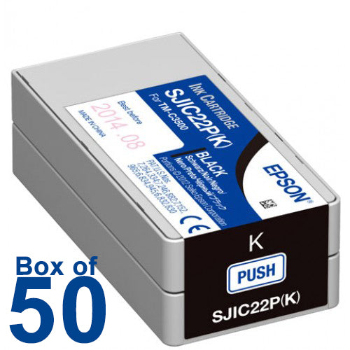 BOX OF 50 Genuine Epson SJIC22P (K) Black Pigment Ink Cartridge for TM-C3500 C33S020577 - POS OF AMERICA
