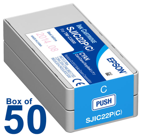 Box of 50 Genuine Epson SJIC22P (C) Cyan Pigment Ink Cartridge for TM-C3500 C33S020581 - POS OF AMERICA