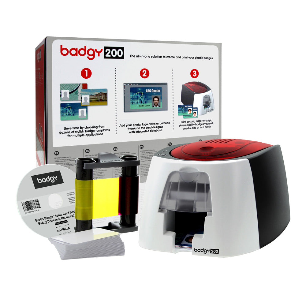 EVOLIS, BADGY200, CARD PRINTING SOLUTION, BADGY200 PRINTER, SINGLE SIDED,  COLOR RIBBON FOR 100 PRINTS AND 100CT PVC CARDS(30MIL) WITH BADGE STUDIO+  SOFTWARE POS OF AMERICA
