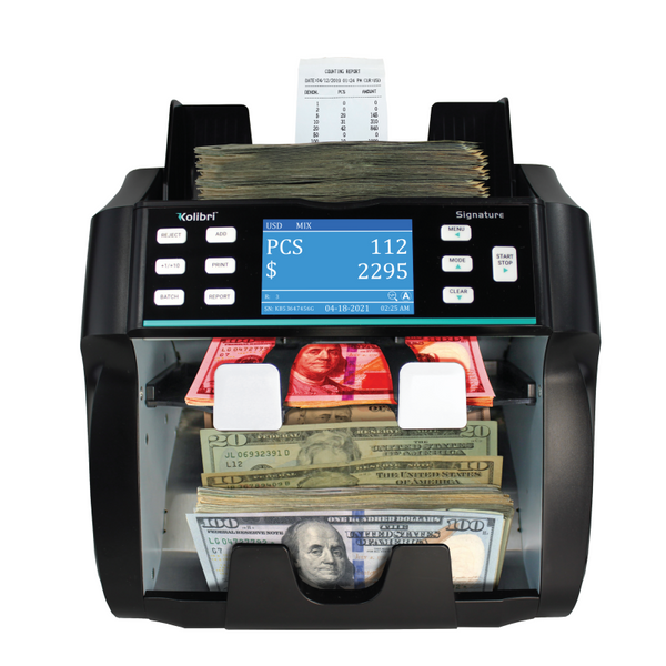 Kolibri SIGNATURE™ 2-Pocket Business-Grade Mixed Bill Counter, Sorter and Reader with Counterfeit Detection - POS OF AMERICA