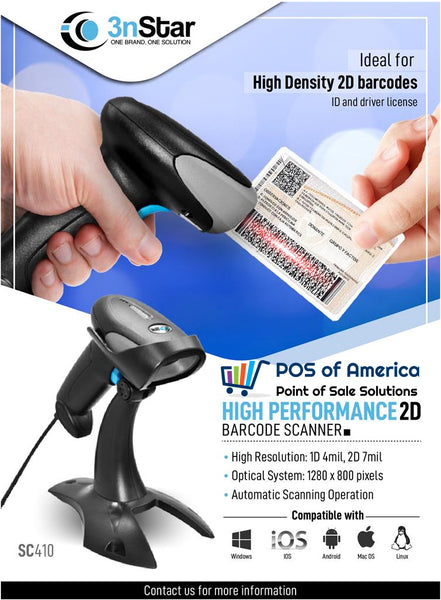 3nStar 2D USB Handheld Barcode Scanner with Base and Autosense (SC410) - POS OF AMERICA