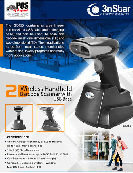 3nStar Wireless Handheld Barcode Scanner 2D with USB Base SC455 - POS OF AMERICA